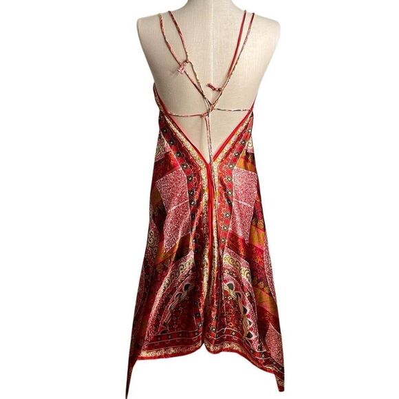 Classique Womens Boho Vixen Deep V Slip Maxi Dress OS Red Knife Hem Kerchief - Picture 2 of 6